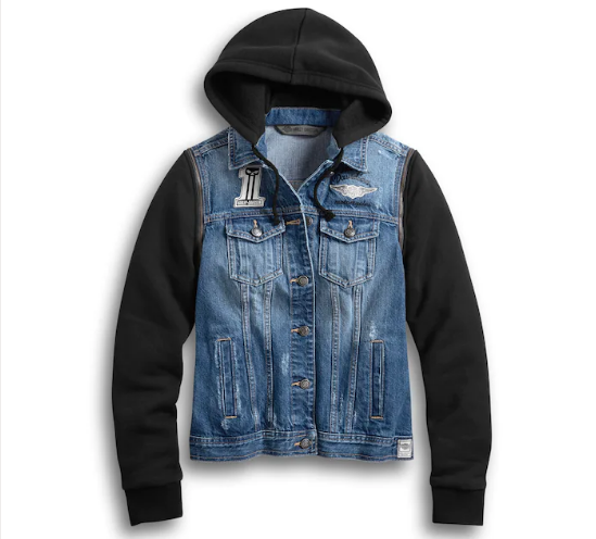 Denim jacket with 2025 grey sleeves and hood